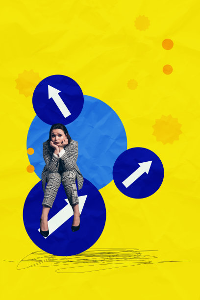 创意3D照片拼贴趋势艺术模板，年轻女性坐在箭头符号的路线上，企业家人力资源招聘经理图片下载
