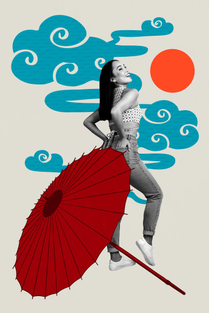 3D照片拼贴海报设计，包含云朵、天空、阳光和日本东方元素，伞下微笑的年轻女性模特摆姿势。图片下载