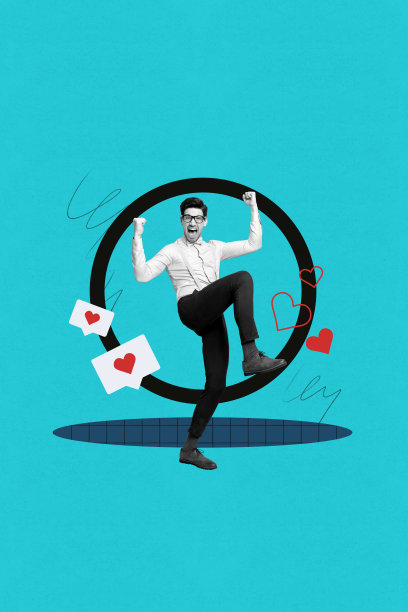 独特的纵向照片拼贴，展示快乐的男孩跳舞，心形图标，博客反应，受欢迎的反馈，社交媒体点赞图片下载