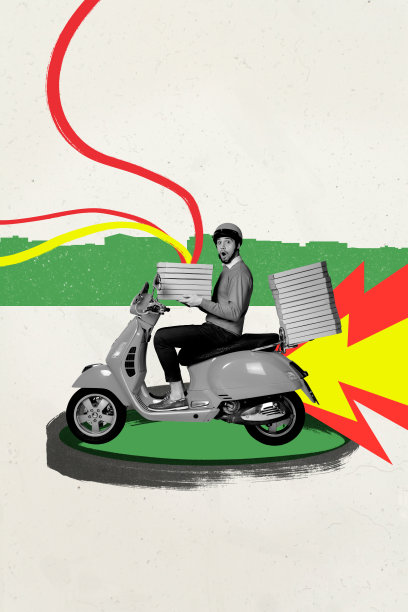 年轻男子坐在摩托车上，进行外卖披萨的照片拼贴趋势草图模板艺术作品，在线订单客户发布快递销售服务。图片下载