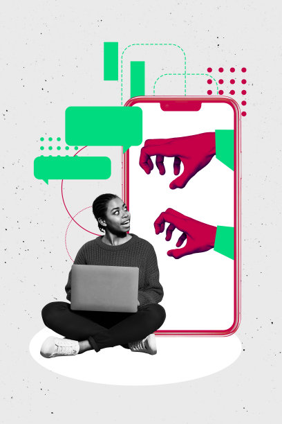 招聘人力资源的趋势艺术作品，3D照片拼贴，年轻女性坐在工作台前，手持笔记本电脑和智能手机，专注于屏幕。图片下载