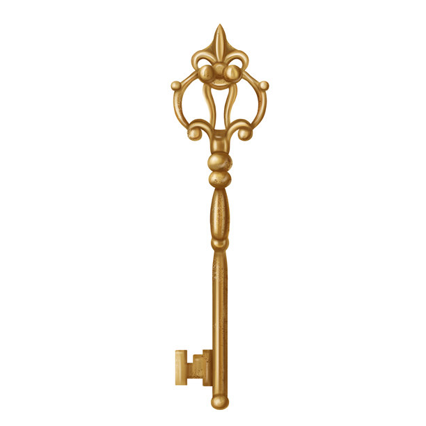 金属古董闪亮钥匙，用于开启锁和门。复古风格的浪漫装饰，哥特式古老设计。皇家装饰和珠宝。白色背景上的手工插图。图片下载