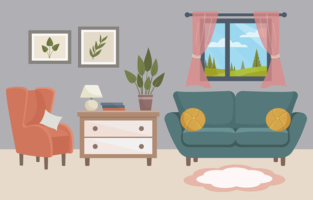 现代风格舒适客厅室内的扁平矢量插图，包含扶手椅、沙发、抽屉柜、台灯、室内植物和一扇带美丽景色的大窗户。非常适合室内设计概念、家居装饰主题、编辑内容或网站使用。图片下载