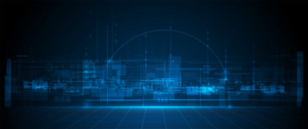矢量插图建筑，城市景观与网络空间，霓虹灯。现代高科技，科学，数据 - 未来科技概念图片下载