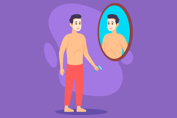 男人在家中对着镜子修整仪容图片下载