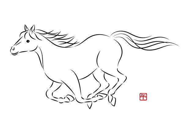 优雅奔跑的美丽白马插图。适合马年新年贺卡的水墨风格素材。矢量图。图片下载