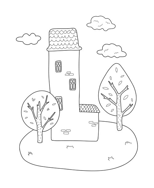 可爱的黑白矢量图，描绘了一座高大的房子，周围有树木和一辆小车。手绘轮廓，适合涂色页、儿童设计和有趣的创意项目。图片下载