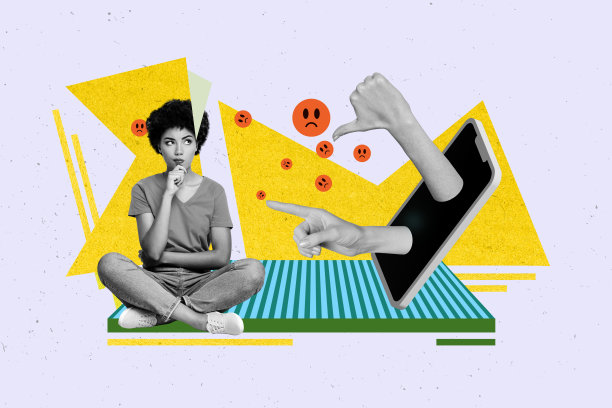 时尚的完整杂志风格照片拼贴，展示了一位沮丧的女孩和男孩坐在一起，手机屏幕上窥视，手势表示不喜欢，网络欺凌，悲伤的表情符号问题。图片下载