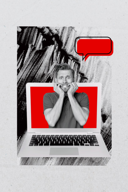 模板海报趋势艺术作品照片拼贴，困惑的面孔，害怕的男人出现在笔记本电脑屏幕上，文本短信聊天在线对话图片下载