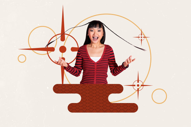 创意3D照片拼贴趋势模板，包含日本文化纹理元素设计，装饰性肖像，年轻女士惊讶微笑，编发造型。图片下载