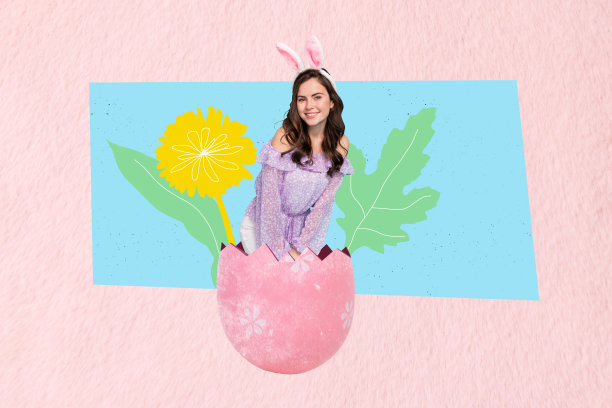复合素描设计艺术作品 3D 照片拼贴，包含花卉、四月、复活节假期、春季庆祝盛宴、年轻女士、兔耳和蛋壳图片下载