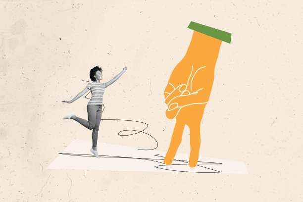 年轻女性微笑着走路，手臂做出两指手势的3D照片拼贴艺术作品。图片下载