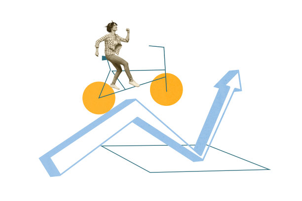 年轻女性骑自行车的合成素描设计艺术作品，3D照片拼贴，象征着雄心、目标、领导力、挑战和策略的箭头。图片下载