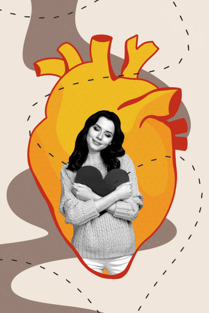 趋势图像：垂直艺术照片拼贴，快乐女孩拥抱心形图标，情人节假期，心脏自爱，关爱健康。图片下载
