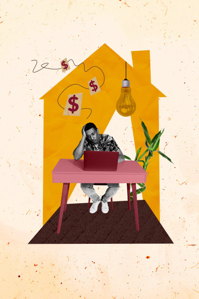 远程办公工作人员经理的素描合成照片拼贴艺术，年轻男子坐在工作台前，使用笔记本电脑，灵感灯泡闪耀创意。图片下载