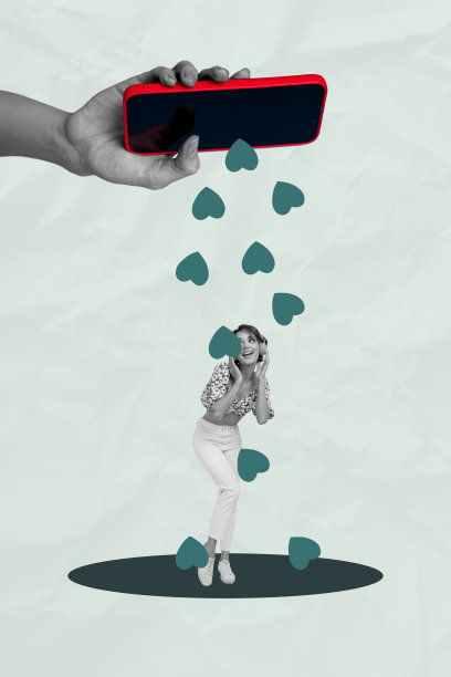 现代垂直照片拼贴，快乐的女孩和男孩站在手机屏幕前，倾倒心形图标，博客点赞反应，影响者风格。图片下载