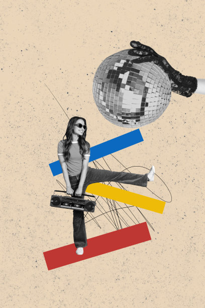 年轻女士的合成素描设计艺术作品，3D照片拼贴，手戴手套，手持音响，迪斯科球，周末休闲夜总会场合图片下载