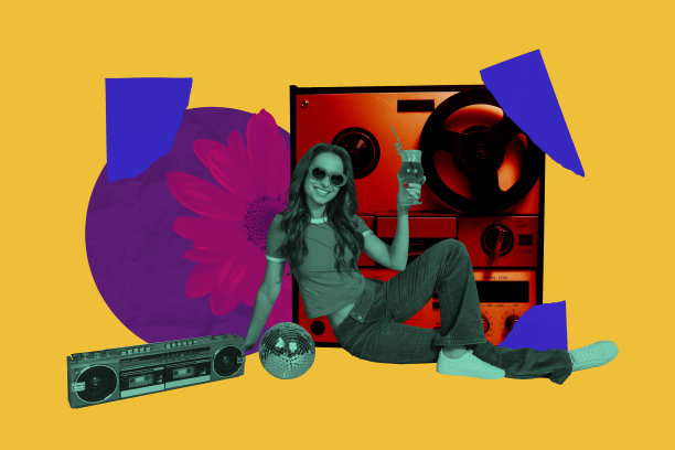 潮流艺术横幅草图 3D 照片拼贴，年轻女性微笑着手持音响和迪斯科球，夜晚无忧无虑的活动夜总会娱乐图片下载