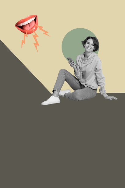 海报照片，垂直拼贴，快乐的女孩和男孩坐着，嘴巴大喊，嘲讽闪电，压力，欺凌概念，施害者紧张。图片下载