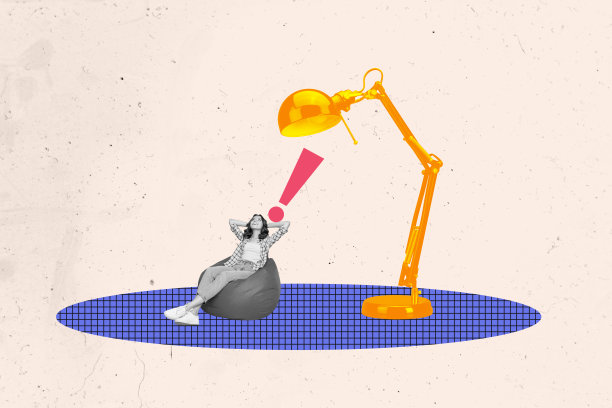 年轻女士坐在舒适的扶手椅上，注意着灯光的复合3D照片拼贴设计趋势，适合办公室经理的专业空缺。图片下载