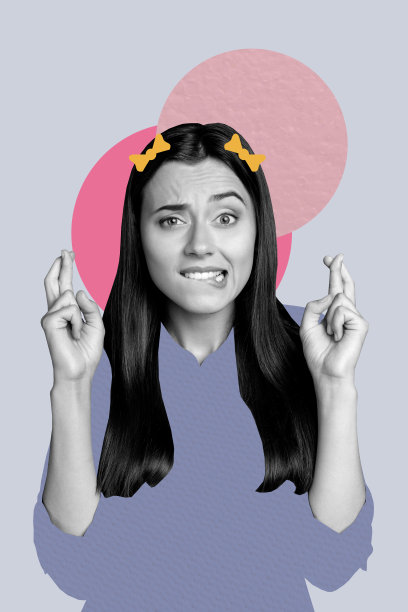 趋势模板草图设计 3D 照片拼贴，困惑表情的年轻女士，手势祈祷，请求，发型蝴蝶结装饰图片下载