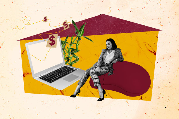 复合艺术作品 3D 照片拼贴趋势模板，远程工作企业家，年轻女性坐在笔记本电脑前，收入与金钱图片下载
