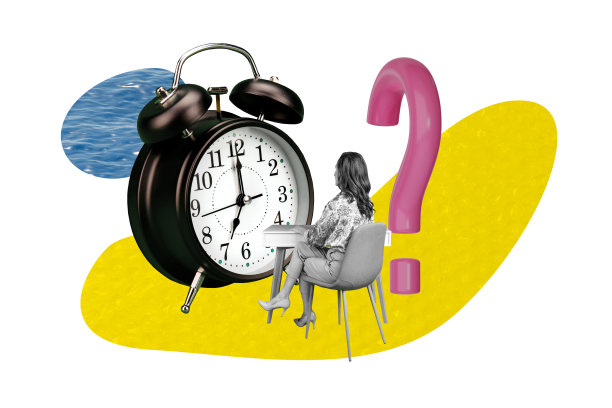 复合艺术作品 3D 照片拼贴趋势模板，年长女性坐在工作桌前，巨大的时钟显示七点，急促的问题，迷幻风格图片下载