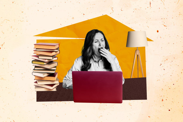 职业女性教师的3D照片拼贴设计，堆叠的书籍，远程工作时打哈欠，使用笔记本电脑进行在线学习。图片下载