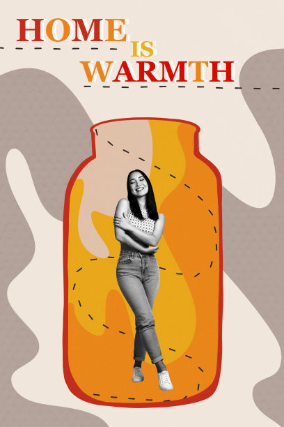 现代照片拼贴，快乐女孩站在玻璃罐旁，拥抱自己，家是温暖和舒适的避风港，流浪者问题。图片下载
