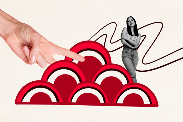 海报趋势素描模板，照片拼贴，展示中国传统手势的年轻女士，双指切割，抱住自己，站立姿势。图片下载