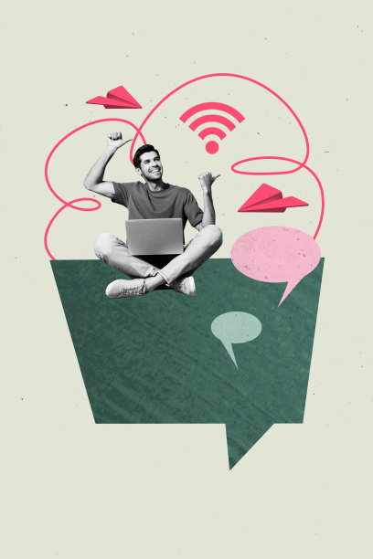 模板海报趋势艺术作品 3D 照片拼贴，年轻男子坐着使用笔记本电脑，展示 WiFi 漫画云，人力资源招聘商业职位图片下载