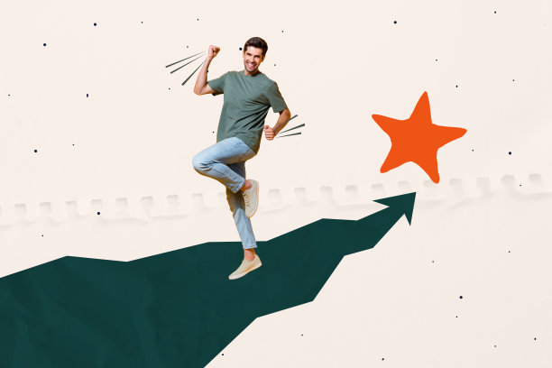 快乐的商人和商女人站在箭头发展、星星、评价、最佳标记和成就的创意照片拼贴艺术图像图片下载