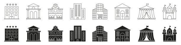 酒店、银行、市政厅、办公室、购物中心、房屋、帐篷、城堡线条和实心图标集。建筑结构和建筑风格符号集合。城市空间。孤立的矢量插图。图片下载