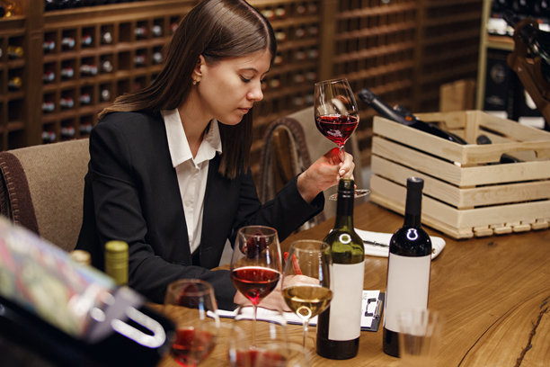 女性专业侍酒师在桌子上用平板电脑做笔记，品尝倒入酒杯中的红酒和白酒，背景是木制酒瓶架的酒窖。图片下载