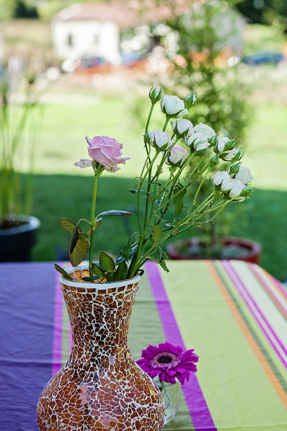 户外花瓶中的花朵。夏季照片，包含玫瑰和简单的白色花朵。图片下载