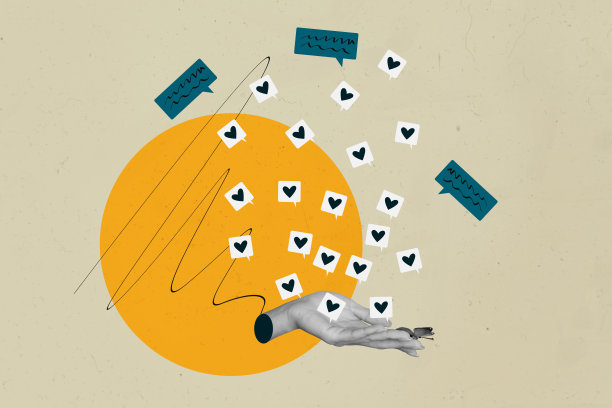 艺术图像创意照片拼贴，展示手部非语言交流、心形、博客图标、反馈反应和影响者。图片下载