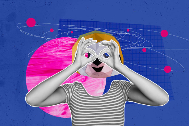 无头女性身体的复合3D照片拼贴设计趋势草图，手持姿势，佩戴眼镜面具，几何树懒动物图片下载