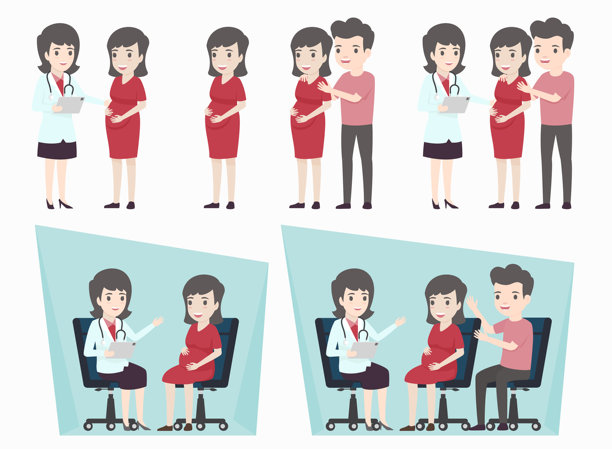 孕妇角色设定。孕妇和她们的丈夫去看医生。矢量插图。图片下载