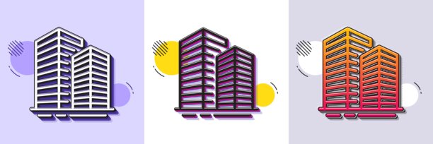 摩天大楼线条图标。城市建筑标志。城镇。半色调点状图案。矢量图。图片下载