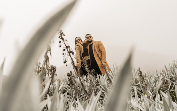 时尚情侣在阴天的野外摆姿势 - 股票照片图片下载