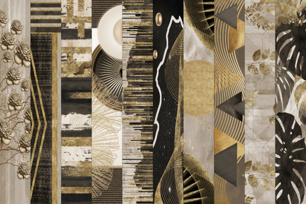 3D室内墙壁家居经典壁纸装饰。多款设计壁纸的壁画套装。图案、几何形状和线条。棕色背景上的叶子、银杏、鹿和蒲公英。图片下载