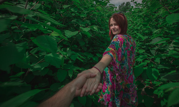 一个看起来像嬉皮士的年轻女孩正在拉着一个人走进绿色灌木丛，手牵着手。这是一张旅行或神秘的旅行照片。图片下载