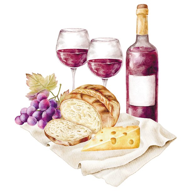 乡村风格的早餐，配有红酒、农家奶酪、面包、葡萄和奶酪。非常适合农场到餐桌的品牌推广、生态食品博客、葡萄园宣传和乡村主题明信片，色彩丰富的美食。图片下载