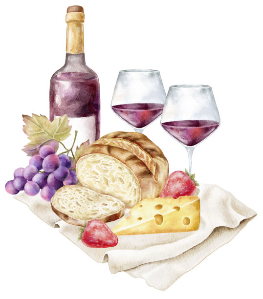 乡村风格的早餐，配有红酒、农家奶酪、面包、葡萄和奶酪。非常适合农场到餐桌的品牌推广、生态食品博客、葡萄园宣传和乡村主题明信片，色彩丰富的美食。图片下载