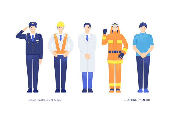 多样化职业。插图展示一名从事建筑、医学和警务的男性。时尚人物矢量素材。图片下载