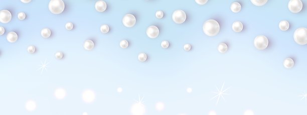 现实主义风格的白色珍珠散落在柔和的蓝色渐变背景上，伴有闪光效果。非常适合珠宝、配饰、奢侈品牌或优雅的化妆品设计。图片下载