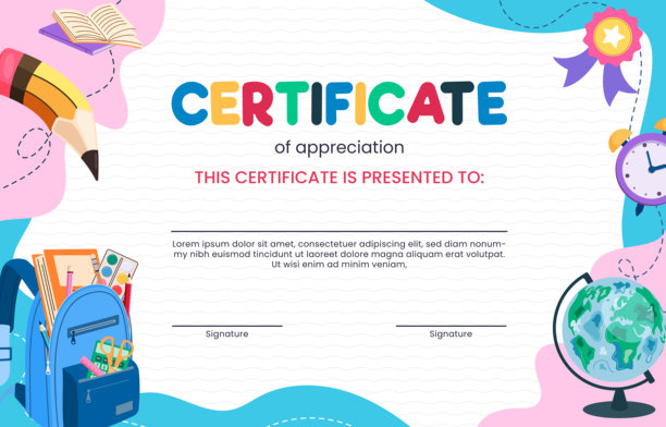 学校证书奖状模板剪贴画。幼儿园毕业文凭可编辑剪贴画，用于教育成就。图片下载