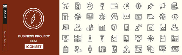 一组50个商业项目图标，包括文件、图表、团队合作符号、战略视觉、财务增长元素和生产力工具。非常适合品牌推广、UI/UX设计、信息图表和企业项目。图片下载