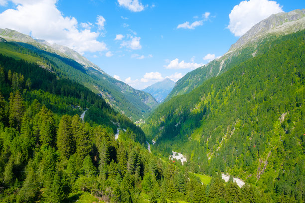 山谷和森林。夏季的山地风光。温暖的阳光天气和晴朗的天空。适合山地徒步旅行、旅游和度假的地方。壁纸、明信片、照片。图片下载