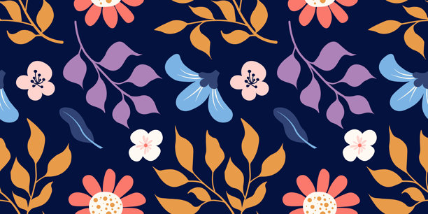 无缝花卉图案，包含抽象花朵和叶子，采用平面风格。温暖的橙色、紫色、珊瑚色和蓝色调，背景为深海军蓝。非常适合用于纺织品、壁纸、包装纸和表面设计。图片下载
